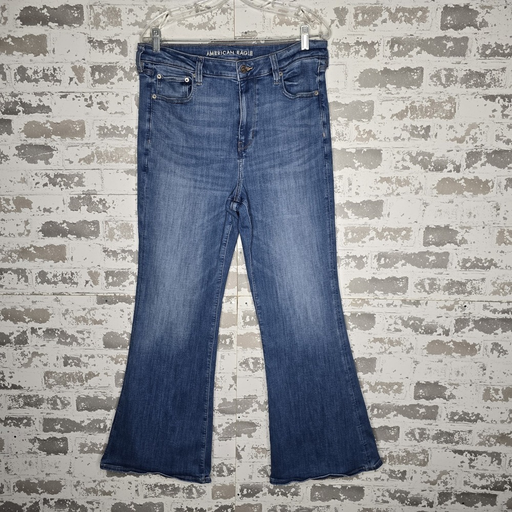 American Eagle Jeans Womens 14R Super Hi-Rise Flare Leg Boho Medium Blue Stretch